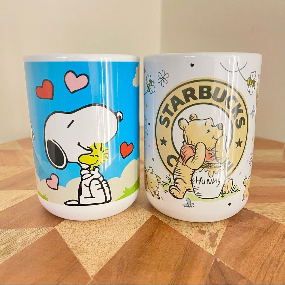 NEW 2 Pcs Fashion Mugs. Disney Winnie the Pooh + Snoopy mugs 15oz cups. - Picture 1 of 6